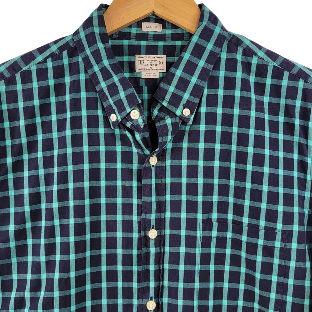 Vintage J Crew Navy Blue and Teal Plaid Long Sleeve Button Down Shirt Size Large